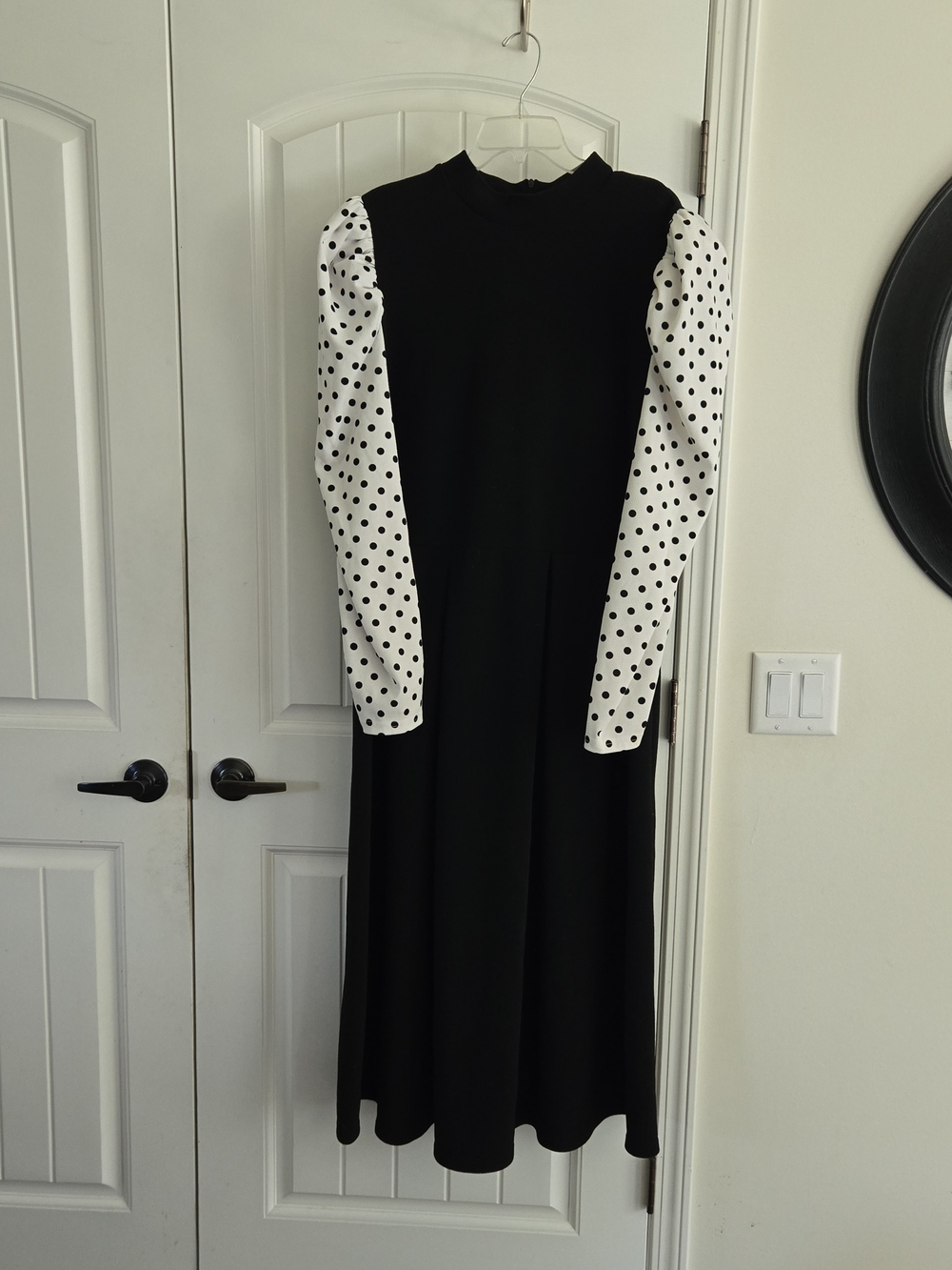 Black Mock Neck Midi Dress w/ Polka Dot Statement Puff Sleeves 4x